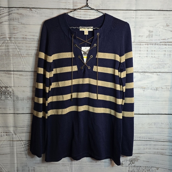 NWT Michael Kors Navy Striped Sweater With Chain Lace Up Womans Size Medium - Picture 2 of 8
